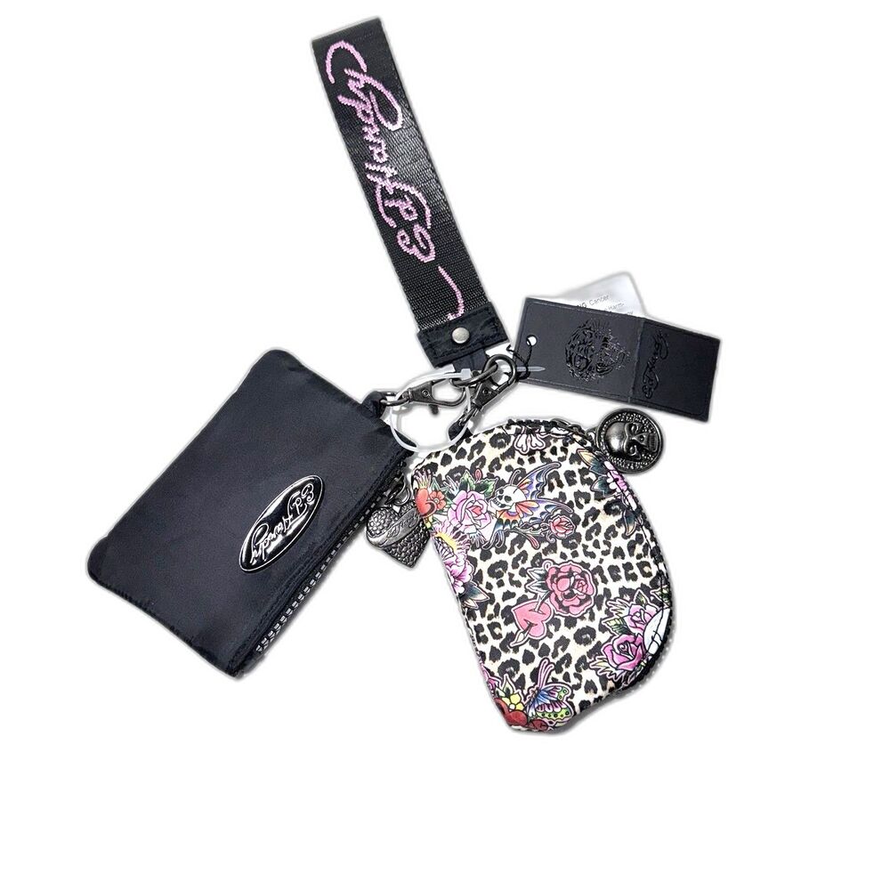 NWT Ed Hardy Double Pouch Wristlet Keychain Skulls/Flowers Cheetah Print  NEW